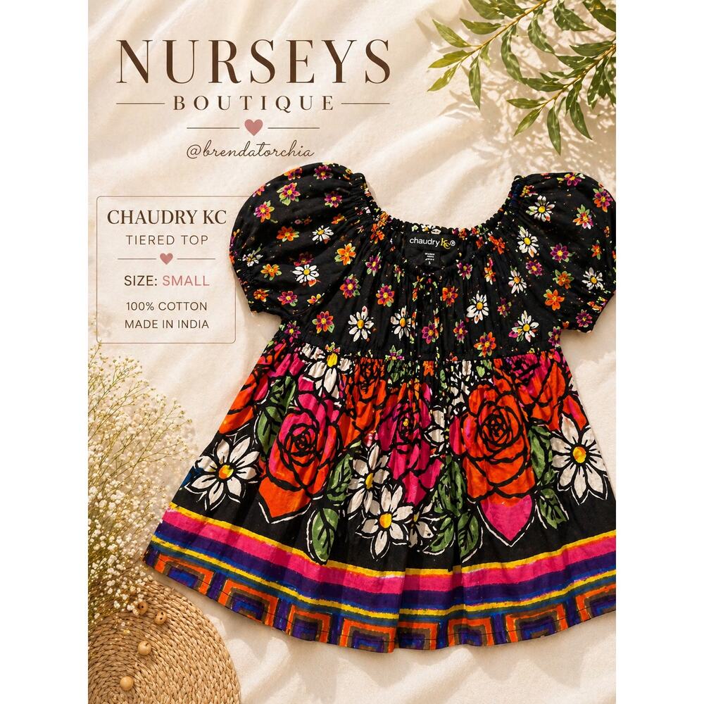 Chaudry KC Boho Floral Tiered Top Cotton India Puff Sleeve Small